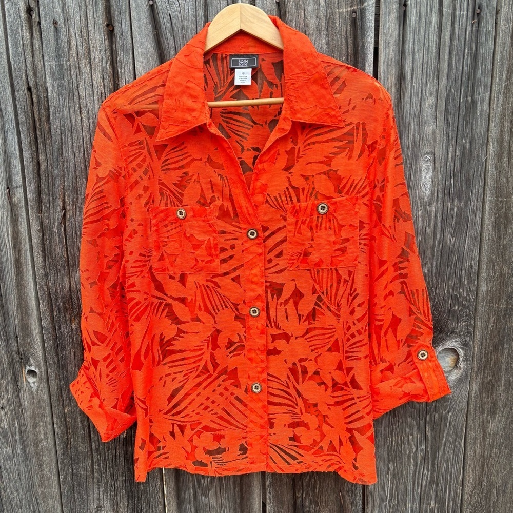Lark Lane Orange Sheer cut out Pattern Button-Up Long Sleeve Shirt size 16